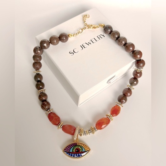 Evil Eye Gemstone Necklace | Handcrafted 22K Gold Plated Agate Stone Jewelry - Picture 4 of 8